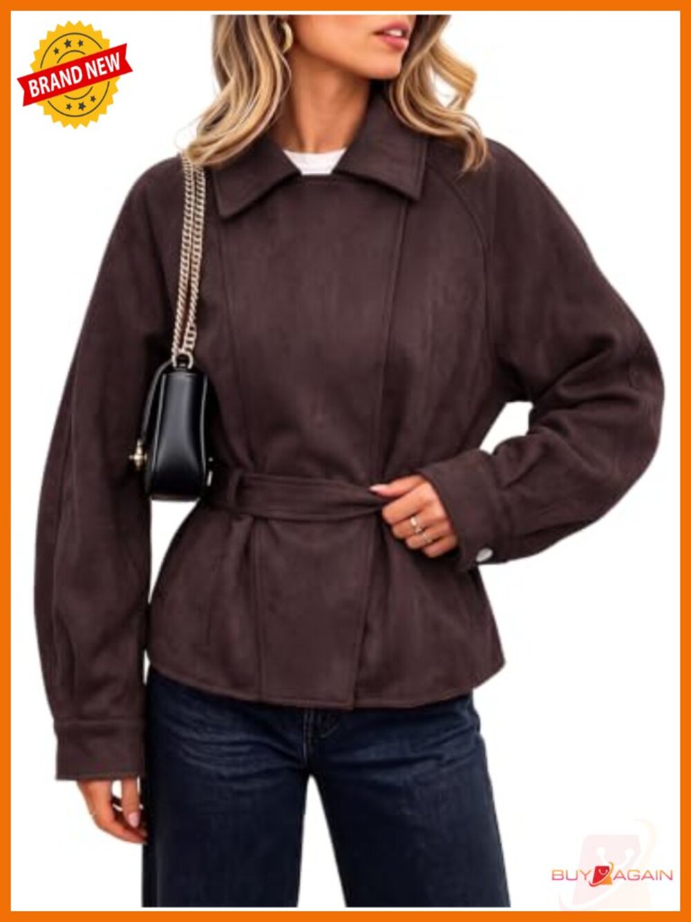 Faux Suede Cropped Trench Coat Notched Lapel Double Breasted Slim Fit Women's